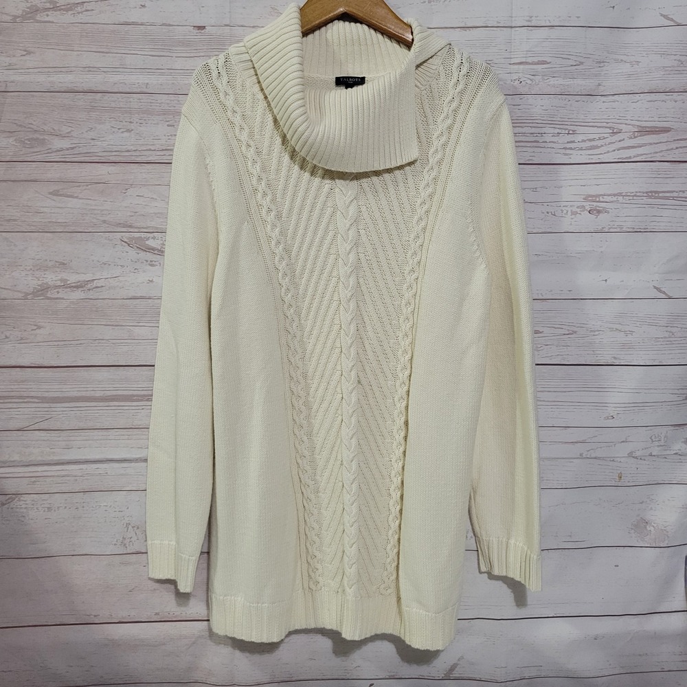 Talbots Cable Knit Turtleneck Sweater Womens Plus Size 1X Ivory 100% Cotton